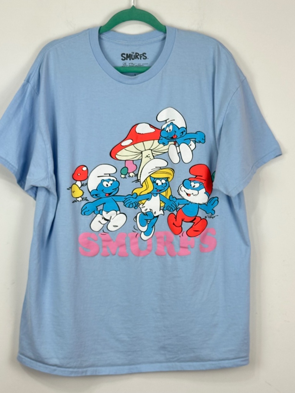 Smurfs Men's Graphic Novelty Tee Shirt L Cartoons Mushrooms Colorful